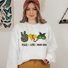 Load image into Gallery viewer, Peace Love Mardi Gras Sweatshirt Women's Mardi Gras Sweatshirt Unisex Cozy White Sweatshirt Gift for Her Peace Sign Heart Mask