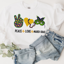 Load image into Gallery viewer, Peace Love Mardi Gras Sweatshirt Women's Mardi Gras Sweatshirt Unisex Cozy White Sweatshirt Gift for Her Peace Sign Heart Mask