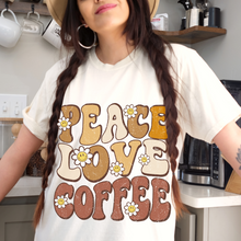 Load image into Gallery viewer, Peace Love Coffee Bella Canvas Unisex Jersey Short Sleeve Tee Trendy Vintage Inspired Design T-Shirt Gift for Coffee Lover