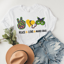 Load image into Gallery viewer, Peace Love Mardi Gras Sweatshirt Women's Mardi Gras Sweatshirt Unisex Cozy White Sweatshirt Gift for Her Peace Sign Heart Mask