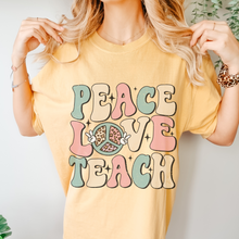 Load image into Gallery viewer, Peace Love Teach Unisex Comfort Colors® T-shirt, Women's Spring or Summer T-Shirt, Retro Design T-Shirt, Teacher or Student Teacher T-Shirt