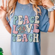 Load image into Gallery viewer, Peace Love Teach Unisex Comfort Colors® T-shirt, Women's Spring or Summer T-Shirt, Retro Design T-Shirt, Teacher or Student Teacher T-Shirt
