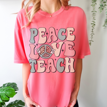Load image into Gallery viewer, Peace Love Teach Unisex Comfort Colors® T-shirt, Women's Spring or Summer T-Shirt, Retro Design T-Shirt, Teacher or Student Teacher T-Shirt