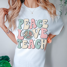 Load image into Gallery viewer, Peace Love Teach Unisex Comfort Colors® T-shirt, Women's Spring or Summer T-Shirt, Retro Design T-Shirt, Teacher or Student Teacher T-Shirt