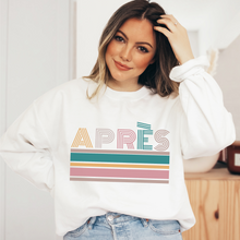 Load image into Gallery viewer, Apres-Ski Crewneck Sweatshirt APRES on a Soft, Cozy Pullover Unisex-Size Sweatshirt in White, Sand, or Ash
