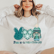 Load image into Gallery viewer, Peace Love Snow Day Unisex Hooded or Crewneck Sweatshirt Cute Gnome with Snow Day Peace Sign Snow Heart Teacher Gift