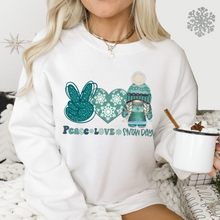 Load image into Gallery viewer, Peace Love Snow Day Unisex Hooded or Crewneck Sweatshirt Cute Gnome with Snow Day Peace Sign Snow Heart Teacher Gift
