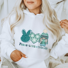 Load image into Gallery viewer, Peace Love Snow Day Unisex Hooded or Crewneck Sweatshirt Cute Gnome with Snow Day Peace Sign Snow Heart Teacher Gift