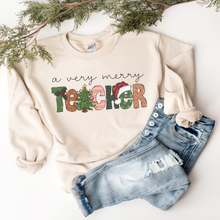 Load image into Gallery viewer, A Very Merry Teacher Christmas Unisex Crewneck Sweatshirt Women's Ash, Sand, or White Teacher Christmas Gift Cute Cozy Christmas Pullover