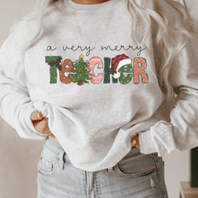 Load image into Gallery viewer, A Very Merry Teacher Christmas Unisex Crewneck Sweatshirt Women's Ash, Sand, or White Teacher Christmas Gift Cute Cozy Christmas Pullover