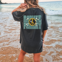 Load image into Gallery viewer, Radiate Positivity Unisex Comfort Colors® T-shirt, Women's Distressed, Retro, Positive Energy, Kindness T-Shirt, Black or Pepper with Black Design