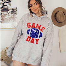 Load image into Gallery viewer, Game Day Unisex Women's or Men's White Hooded Distressed Football Design Sweatshirt or Hoodie