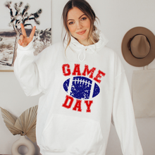 Load image into Gallery viewer, Game Day Unisex Women's or Men's White Hooded Distressed Football Design Sweatshirt or Hoodie