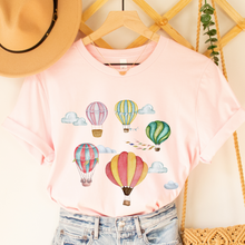 Load image into Gallery viewer, Watercolor Hot Air Balloons Women's T Shirt Soft Bella Canvas Spring Shirt Unisex Pastel Balloons Shirt Hot Air Ballon Festival Shirt