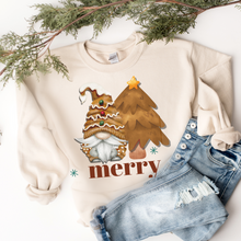 Load image into Gallery viewer, Merry Gingerbread Gnome Unisex Size Crewneck Sweatshirt Women's Cute Hand Painted Gnome Christmas Pullover in Sand, Ash, Navy, White