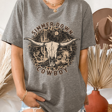 Load image into Gallery viewer, Simmer Down Cowboy Bella Canvas® Unisex Jersey Short Sleeve Tee in Natural, White, Dark Heather or Heather Olive Cowboy T-Shirt