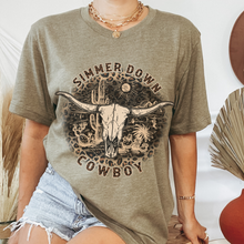 Load image into Gallery viewer, Simmer Down Cowboy Bella Canvas® Unisex Jersey Short Sleeve Tee in Natural, White, Dark Heather or Heather Olive Cowboy T-Shirt