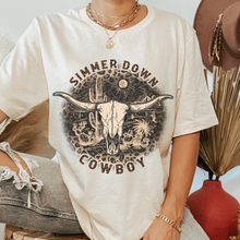 Load image into Gallery viewer, Simmer Down Cowboy Bella Canvas® Unisex Jersey Short Sleeve Tee in Natural, White, Dark Heather or Heather Olive Cowboy T-Shirt