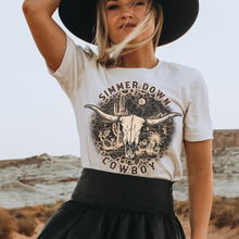 Load image into Gallery viewer, Simmer Down Cowboy Bella Canvas® Unisex Jersey Short Sleeve Tee in Natural, White, Dark Heather or Heather Olive Cowboy T-Shirt