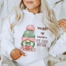 Load image into Gallery viewer, Snuggle Up Gnomies Christmas or Winter Crewneck Sweatshirt, T-Shirt or Hoodie, Winter Pastel Pink and Mint Hand Drawn Adorable Gnome Design