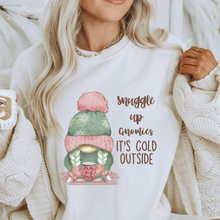 Load image into Gallery viewer, Snuggle Up Gnomies Christmas or Winter Crewneck Sweatshirt, T-Shirt or Hoodie, Winter Pastel Pink and Mint Hand Drawn Adorable Gnome Design
