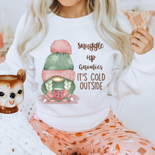 Load image into Gallery viewer, Snuggle Up Gnomies Christmas or Winter Crewneck Sweatshirt, T-Shirt or Hoodie, Winter Pastel Pink and Mint Hand Drawn Adorable Gnome Design