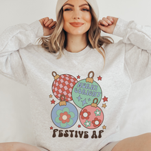 Load image into Gallery viewer, Christmas Crewneck Sweatshirt Ash, Sand, or White Women's Funny Festive AF Retro Christmas Ornaments Design Trendy Cozy Gildan® Pullover