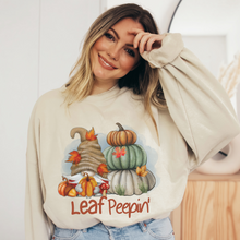 Load image into Gallery viewer, Leaf Peepin' Fall Crewneck Sweatshirt Cute Warm and Cozy Gildan® Pullover Watercolor Gnome and Pumpkins