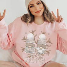 Load image into Gallery viewer, Hello Winter Gnomes Crewneck Sweatshirt Women's Unisex-Sized Christmas Pullover Watercolor Gnomes and Snowflakes Warm Cozy Winter Sh