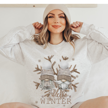 Load image into Gallery viewer, Hello Winter Gnomes Crewneck Sweatshirt Women's Unisex-Sized Christmas Pullover Watercolor Gnomes and Snowflakes Warm Cozy Winter Sh