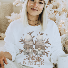 Load image into Gallery viewer, Hello Winter Gnomes Crewneck Sweatshirt Women's Unisex-Sized Christmas Pullover Watercolor Gnomes and Snowflakes Warm Cozy Winter Sh