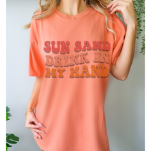 Load image into Gallery viewer, Summer Sun, Sand, Drink In My Hand Comfort Colors® Unisex Garment-Dyed T-shirt in Six Pretty Spring or Summer Colors Beach Trip T-Shirt