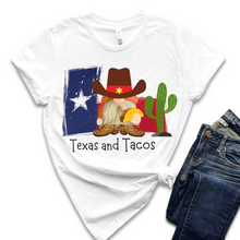 Load image into Gallery viewer, Adorable Texas and Tacos Unisex Bella Canvas® T-shirt Women's Heather Olive, Deep Heather or White Cute Cowboy Gnome with a Taco