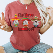 Load image into Gallery viewer, The Three Gnomigos Cinco de Mayo Unisex Comfort Colors® T-shirt, Women's Cute Western Three Gnomes in white, green or crimson