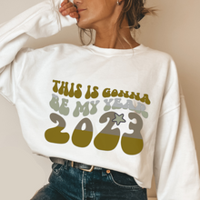 Load image into Gallery viewer, 2023 Women's New Year's Crewneck Sweatshirt This Is Gonna Be My Year Cozy Warm Retro Vintage Design Pullover in Black or White