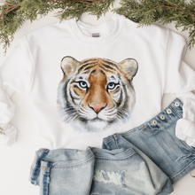 Load image into Gallery viewer, Watercolor Tiger Crewneck Sweatshirt Beautiful Tiger Pullover in White, Sand, Ash, Maroon, Navy Unisex-Sized Sweatshirt