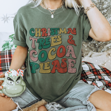 Load image into Gallery viewer, Women's Christmas Trees and Cocoa Please Crewneck Sweatshirt, Cozy Gildan® Pullover Ash Sand and White Retro Distressed Design Shirt