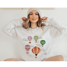 Load image into Gallery viewer, Women's Beautiful Watercolor Hot Air Balloons Unisex Crewneck Sweatshirt Hot Air Balloon Festival Pullover in White, Sand, Ash, Blue or Pink