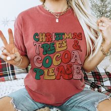 Load image into Gallery viewer, Women's Christmas Trees and Cocoa Please Crewneck Sweatshirt, Cozy Gildan® Pullover Ash Sand and White Retro Distressed Design Shirt