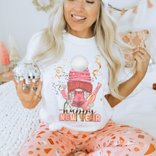 Load image into Gallery viewer, New Year's Sweatshirt or Tee, Women's Happy New Year Unisex Size Pink Glittery Gnome Champagne Pullover, Cute Gnome Holiday Shirt