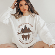 Load image into Gallery viewer, Always Take the Scenic Route Crewneck Sweatshirt Women's pullover Unisex Camping Adventure Shirt White, Sand or Ash