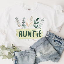 Load image into Gallery viewer, Women's Auntie Crewneck Sweatshirt or T-Shirt Pretty Hand-Drawn Watercolor Auntie Design Gift for Aunt Shirt