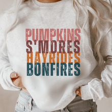Load image into Gallery viewer, Pumpkins S'more's Hayrides and Bonfires Women's T Shirt or Crewneck Sweatshirt Distressed Letters Cozy Gildan Pullover or Bella Canvas Tee