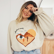 Load image into Gallery viewer, Adventure Awaits Women's Crewneck Sweatshirt Beautiful Hand-Drawn Desert with Cactus on a Comfy, Cozy White, Ash, or Sand Pullover