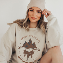 Load image into Gallery viewer, Always Take the Scenic Route Crewneck Sweatshirt Women's pullover Unisex Camping Adventure Shirt White, Sand or Ash
