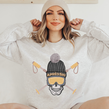Load image into Gallery viewer, Apres-Ski Crewneck Sweatshirt APRES Skull on a Soft, Cozy Pullover Unisex-Size Sweatshirt in White, Sand, or Ash