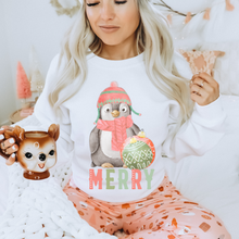Load image into Gallery viewer, Women's Winter or Christmas Crewneck Sweatshirt Gift for Her Hand Drawn Penguin Merry Unisex Size Cozy Oversize Pullover or T-Shirt