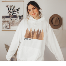 Load image into Gallery viewer, Women's Peace Out Cozy Hooded Sweatshirt in White, Grey or Sand, Adventure, Hiking, Camping Hoodie Colorado Mountains Sweatshirt