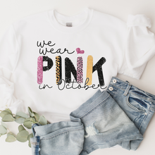 Load image into Gallery viewer, Women's In October We Wear Pink Crewneck Sweatshirt Breast Cancer Awareness Fall Cancer Pullover White or Light Pink