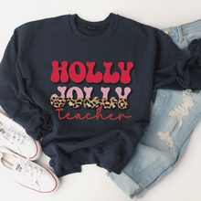 Load image into Gallery viewer, Holly Jolly Teacher Christmas Crewneck Sweatshirt Women's Unisex-Sized Retro Leopard Print Christmas Design Warm Cozy Gildan Pullover